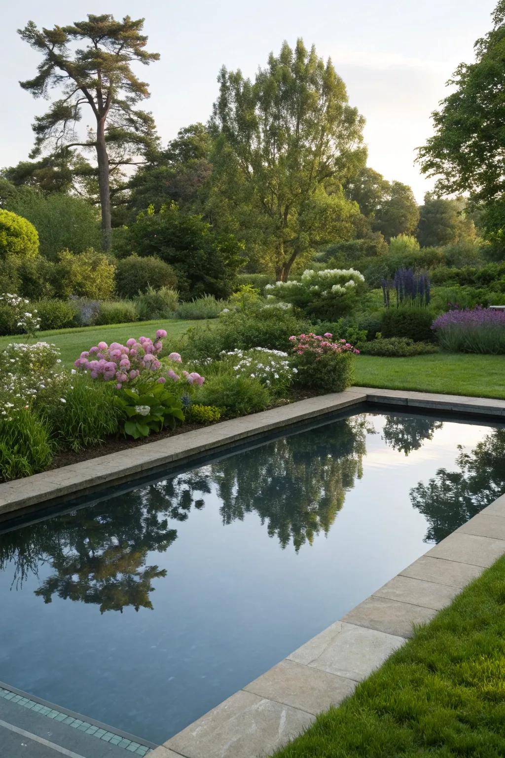 A reflective dipping pool enhancing garden beauty.