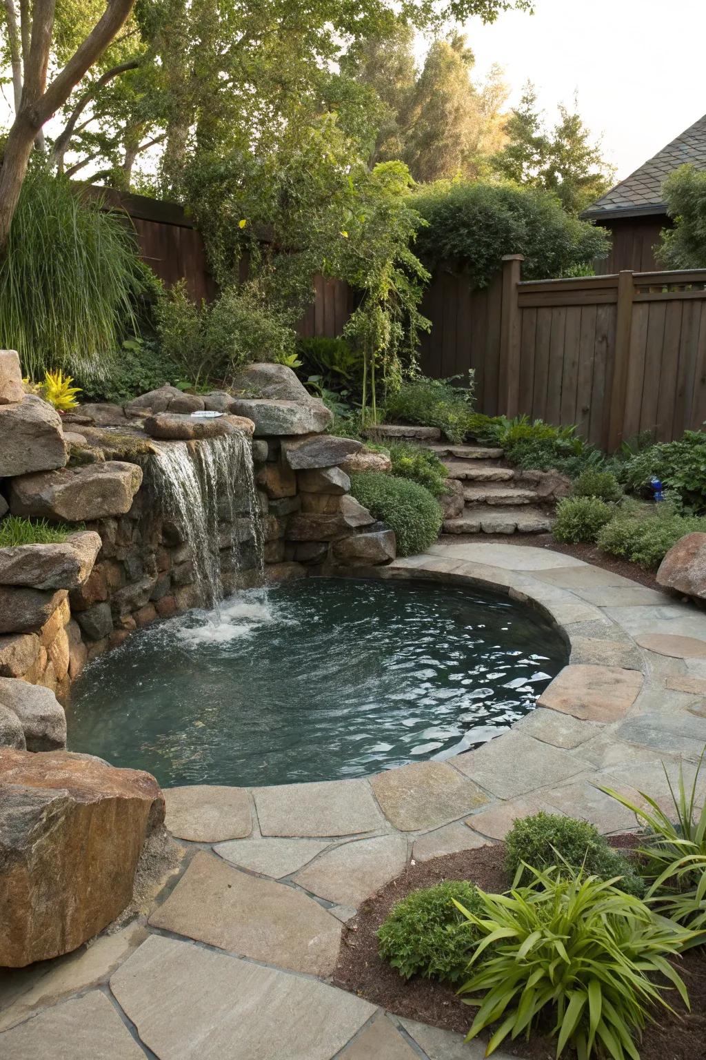 A serene dipping pool with a natural stone waterfall.