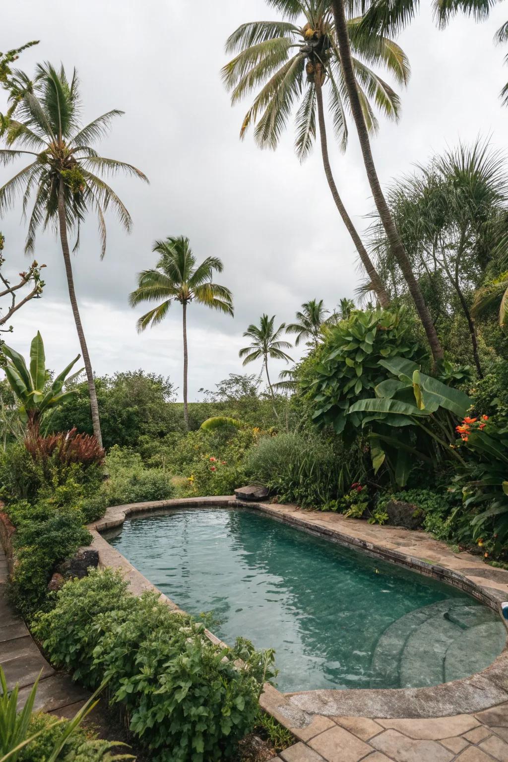 A dipping pool tucked amidst lush tropical vegetation.