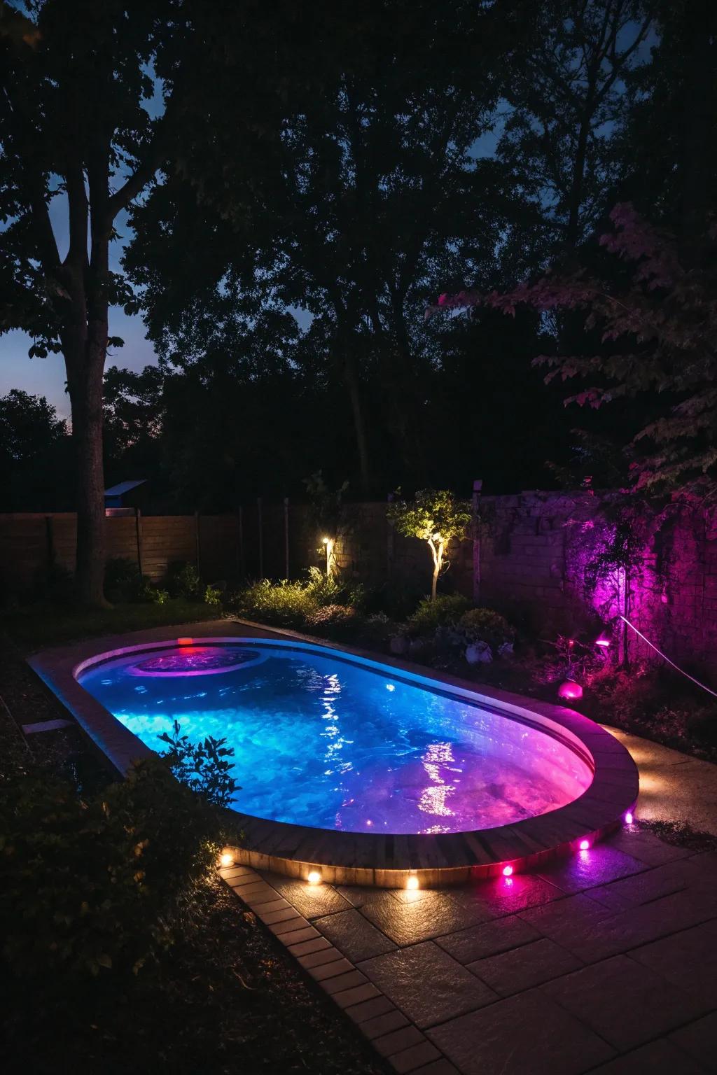 A dipping pool glowing with vibrant LED lights.