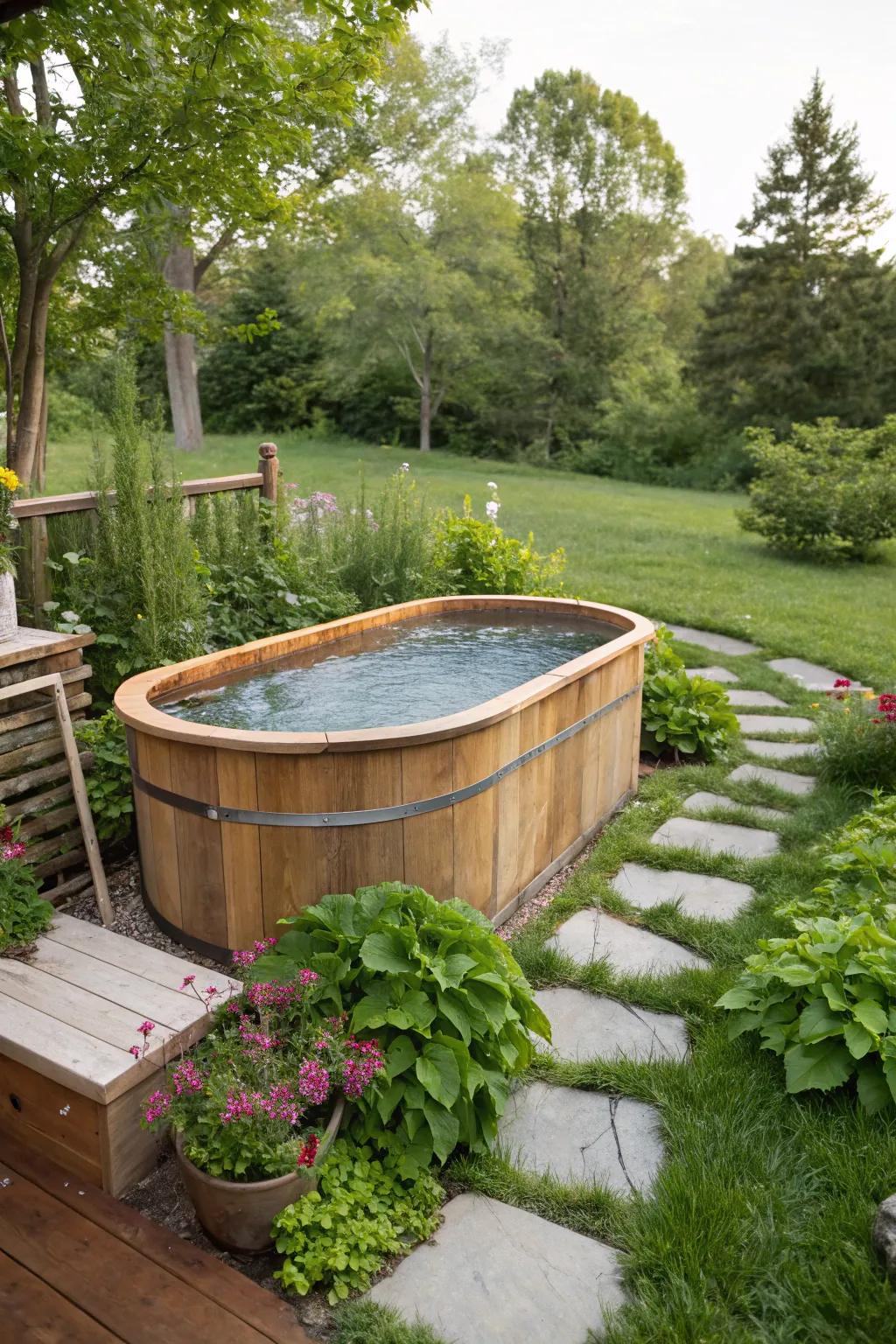 An inviting cedar tub offering spa-like relaxation.