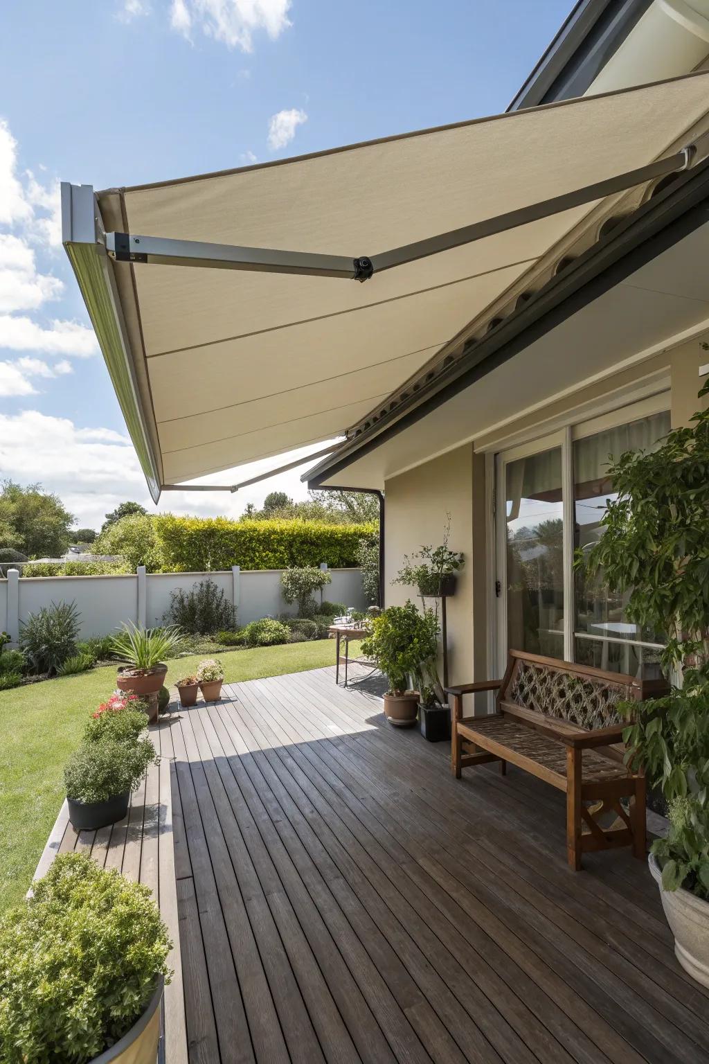 Telescopic retractable awnings offer adjustable shade solutions.