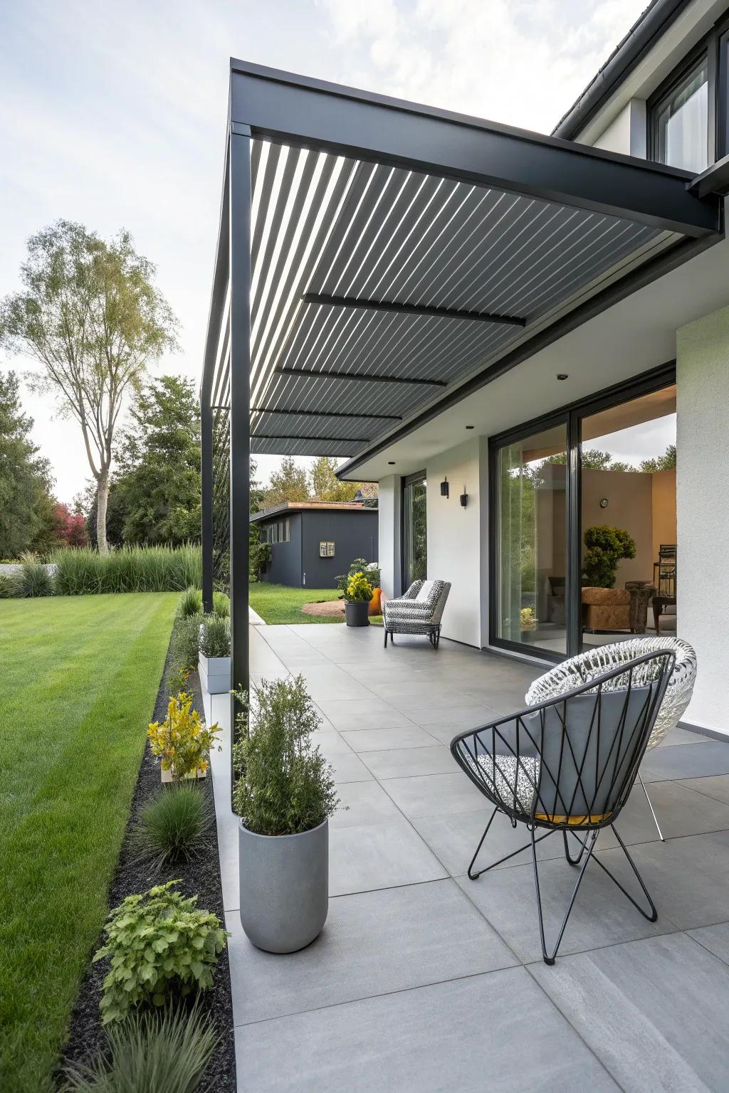 Sleek metal awnings bring a modern flair to porches.
