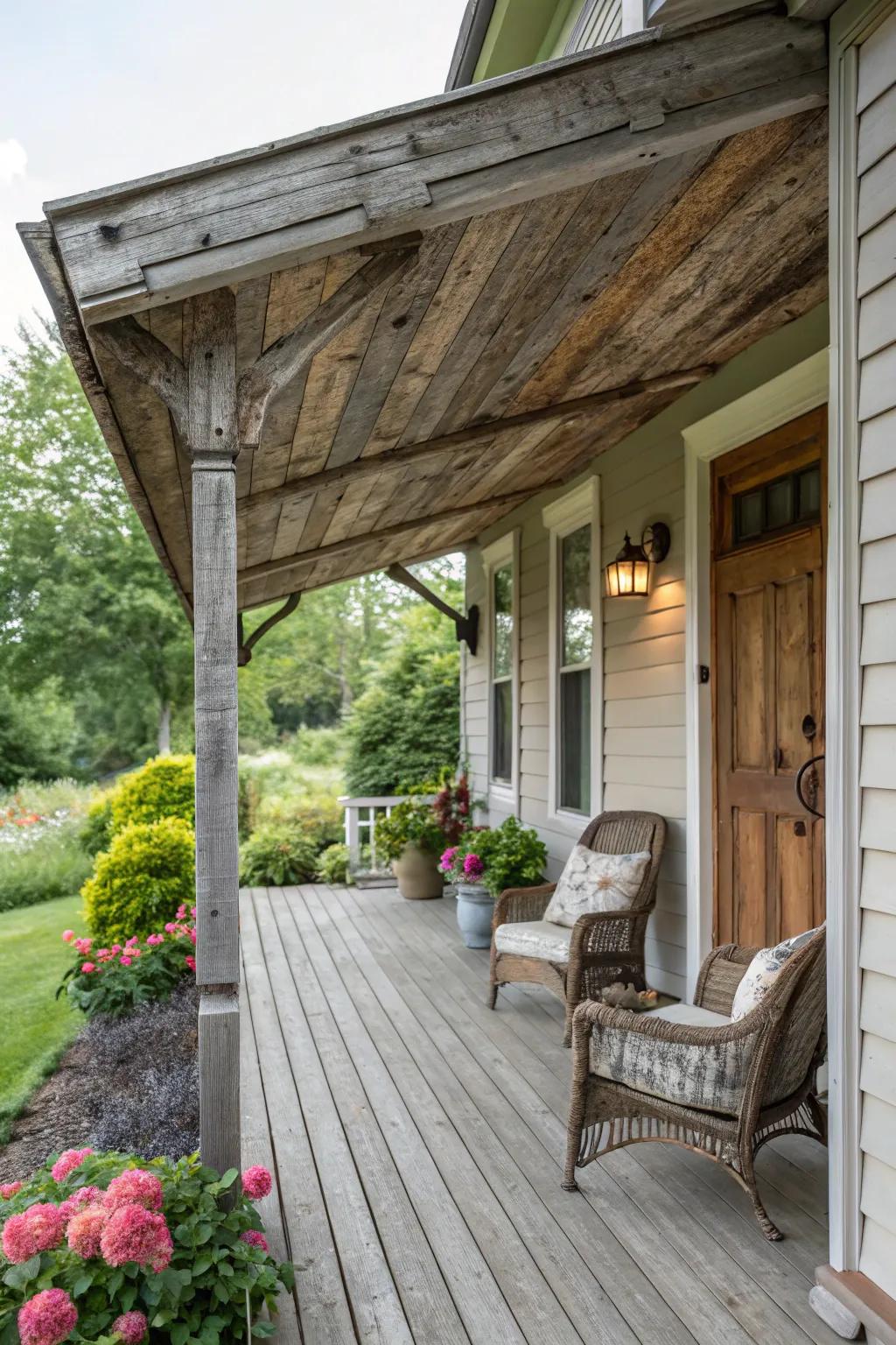 Reclaimed wood awnings add vintage charm and sustainability.