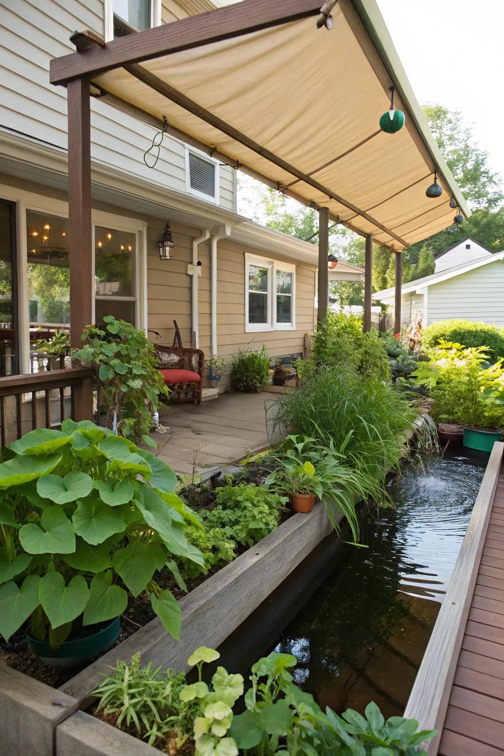 Aquaponic awnings combine greenery with functional water features.