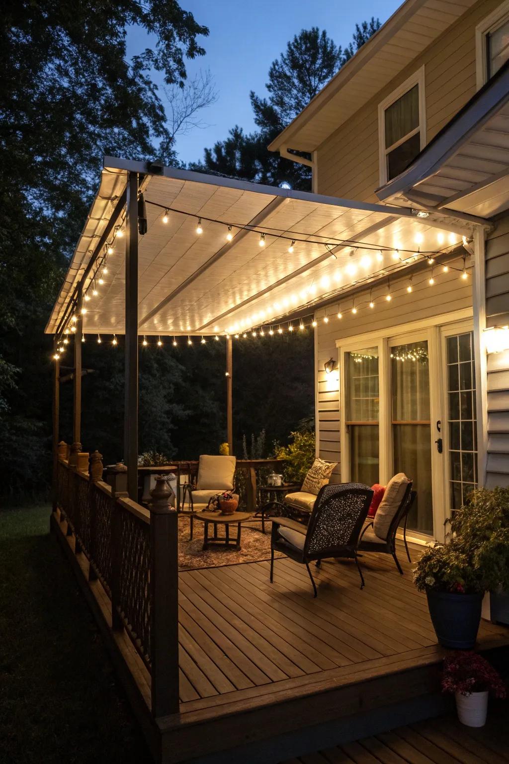 Solar-powered LED awnings create a magical evening ambiance.
