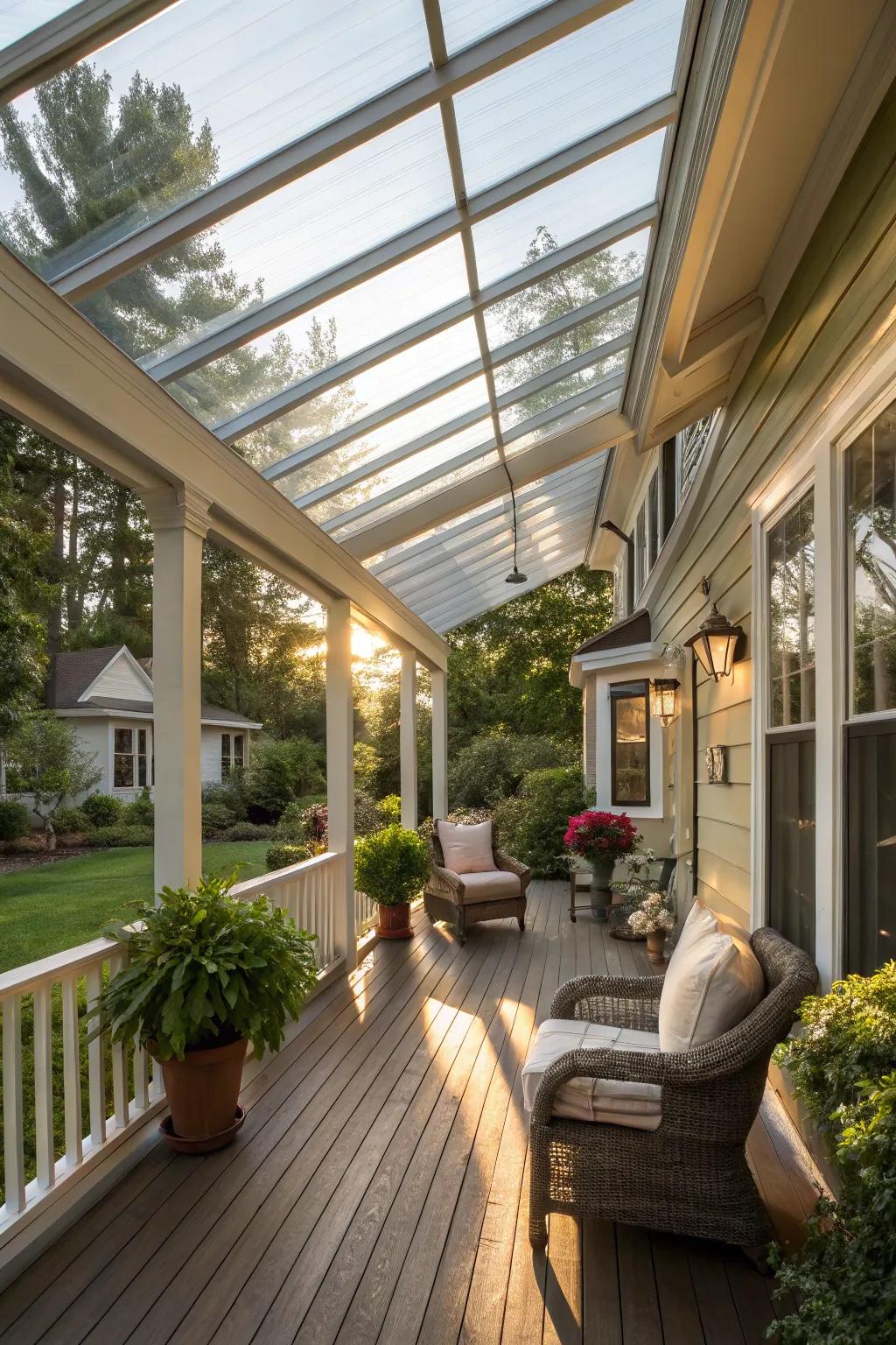 Glass roof awnings offer elegant shelter and natural light.