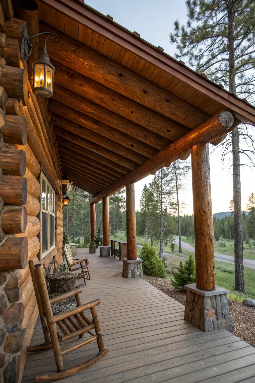 Stained log awnings offer rustic charm and natural beauty.