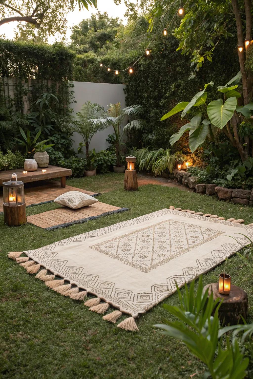 Find peace in a zen garden corner with a seamless rug setup.