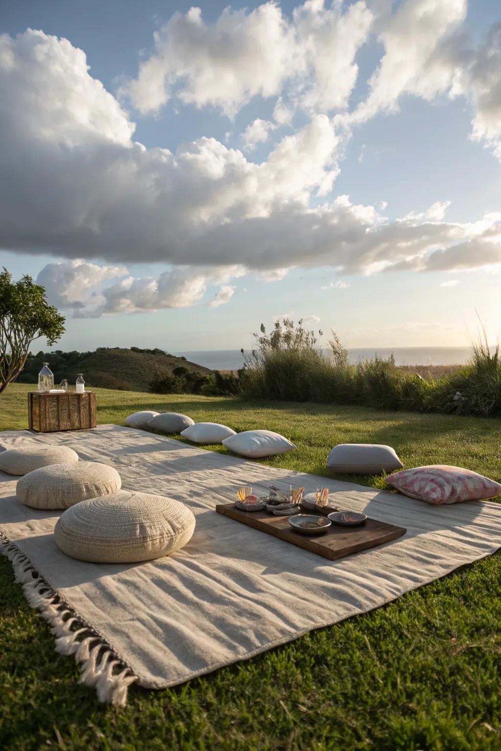 Find tranquility in a meditation corner set on a peaceful rug.