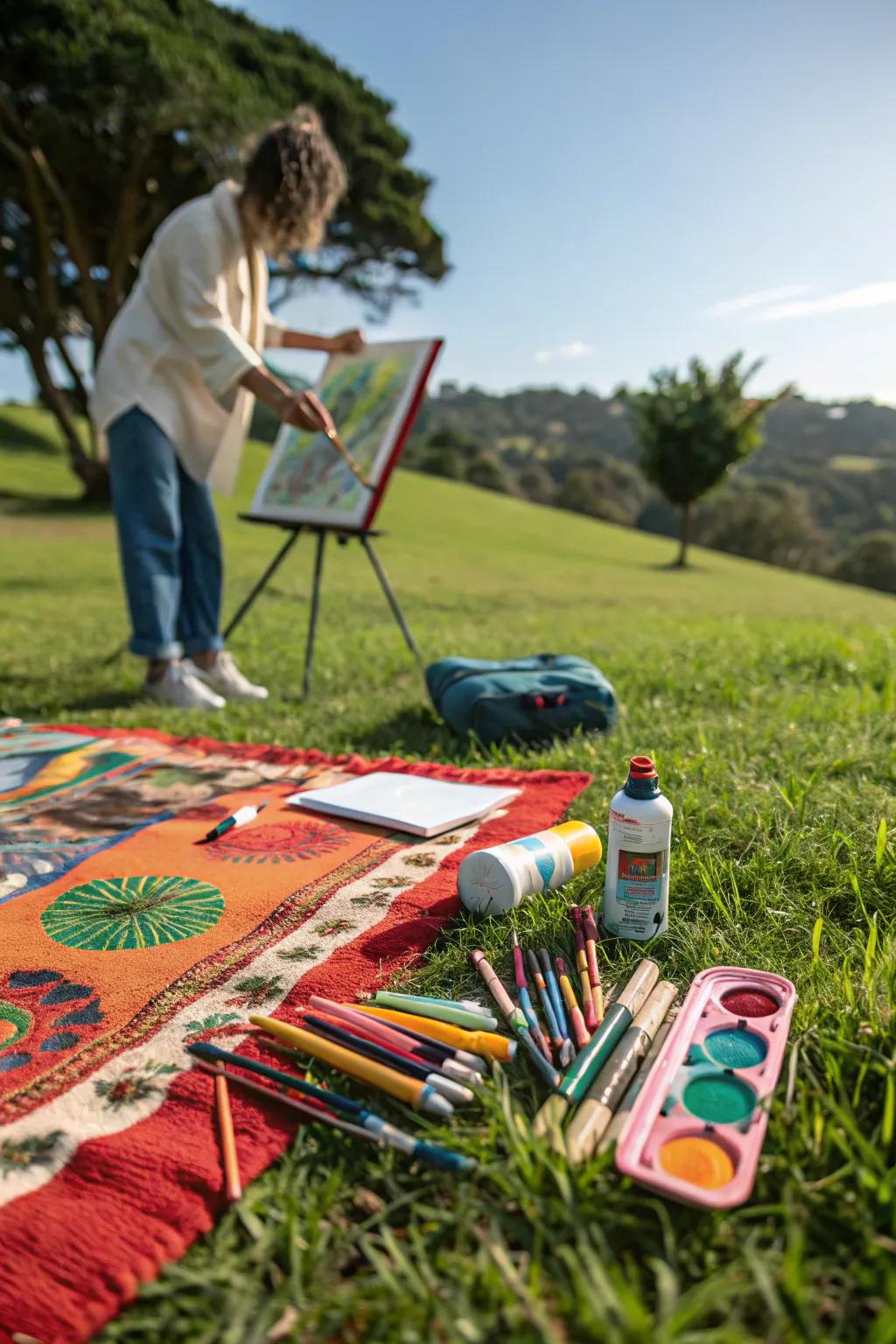 Unleash your creativity with an outdoor art space on a vibrant rug.