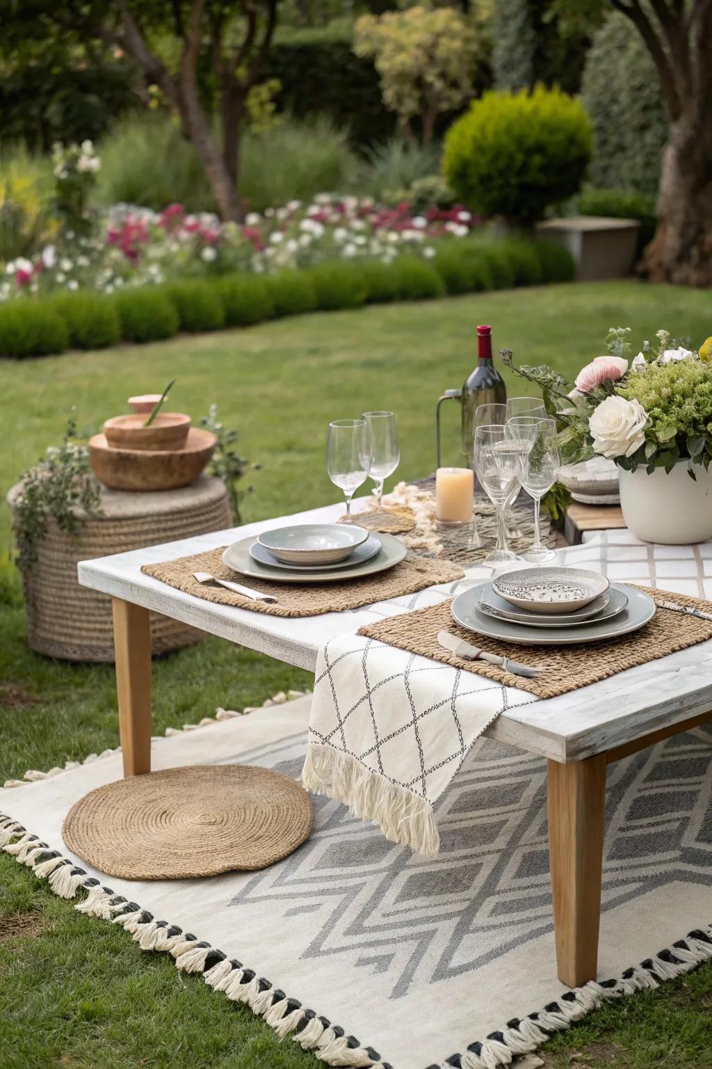 Dine outdoors in style with an alfresco setup on a chic rug.