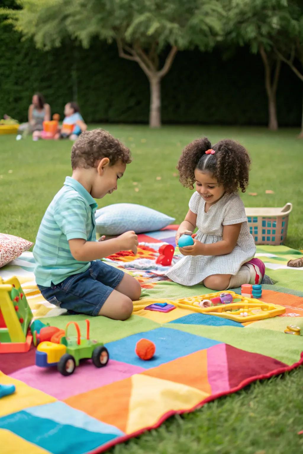 A vibrant rug provides a fun and safe play area for kids on grass.