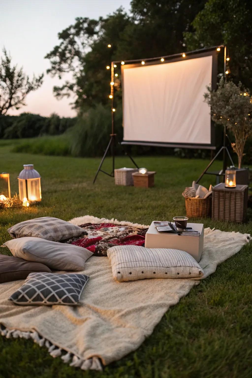 Make movie nights magical with an outdoor setup on a cozy rug.