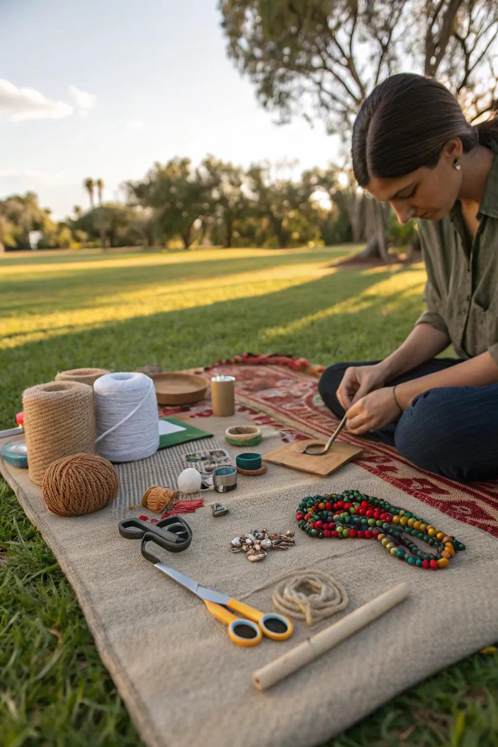 Create your masterpieces with a crafting hub setup on a durable rug.