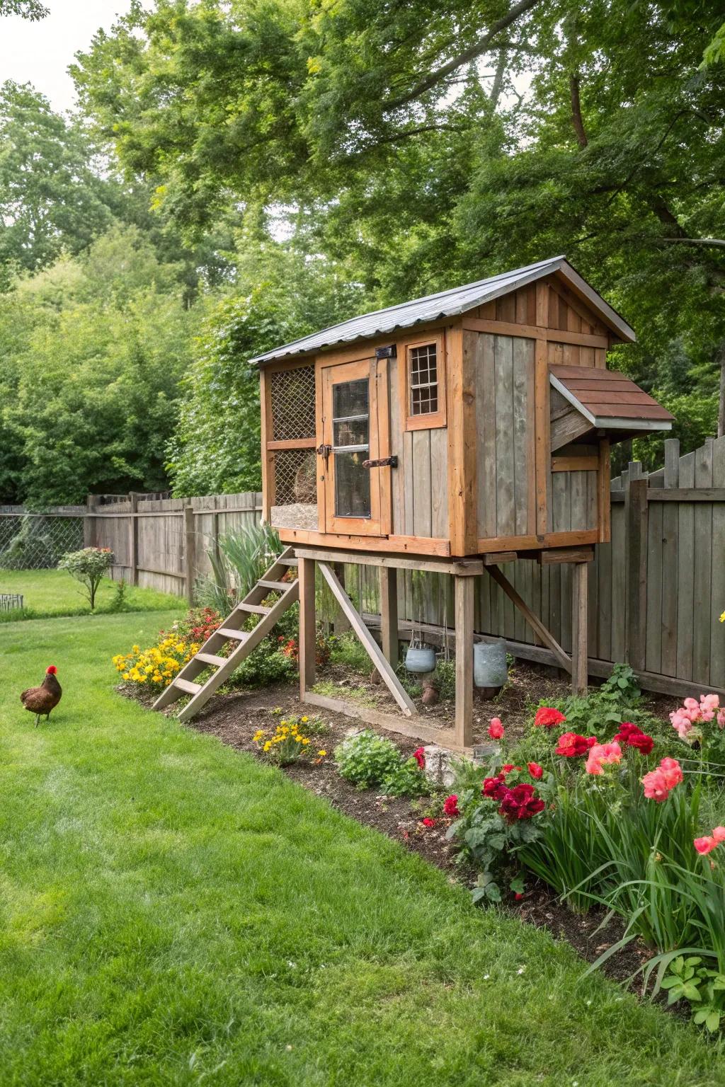 An elevated chicken coop provides safety from predators and weather.