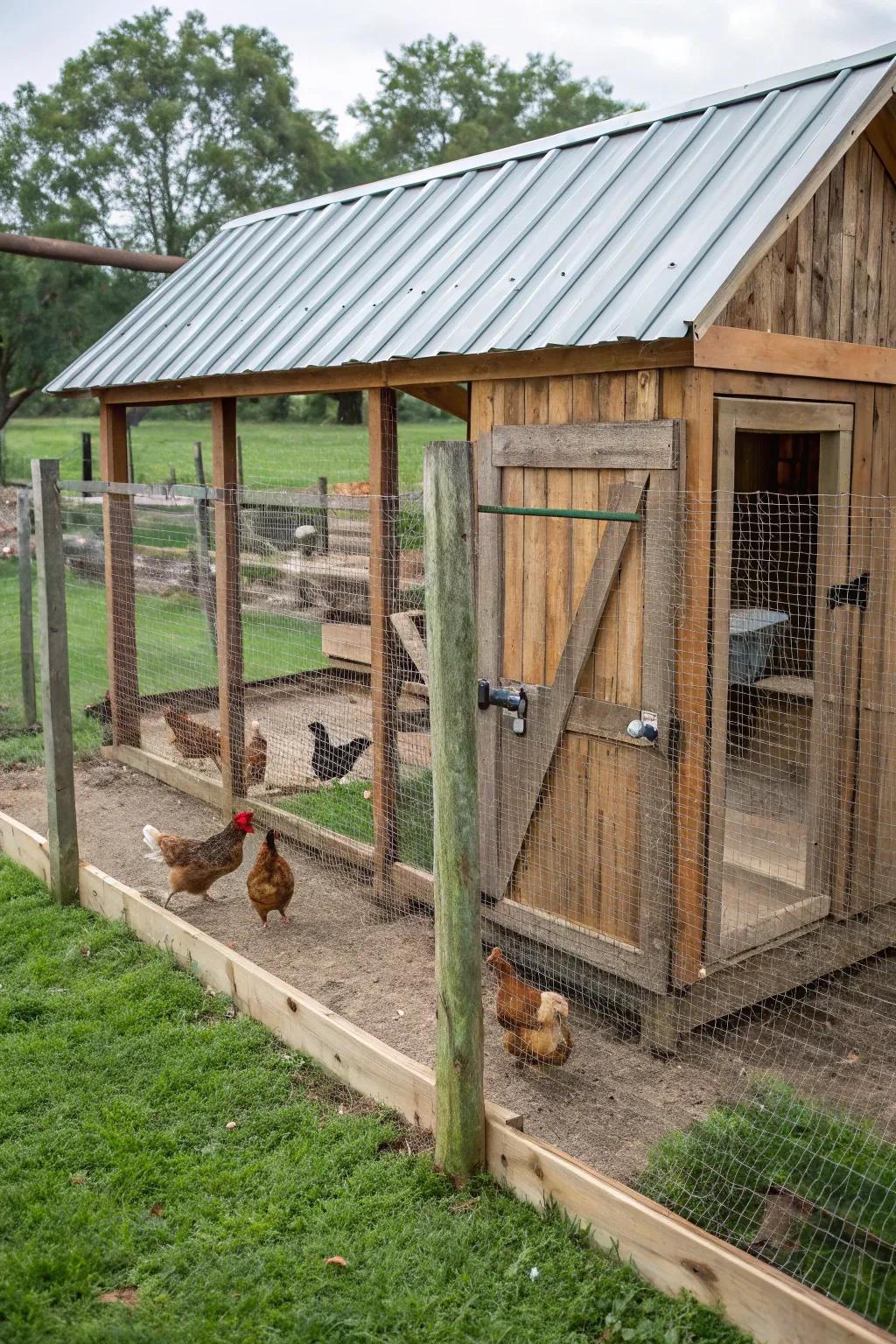 A chicken coop with an attached run for safe outdoor exploration.