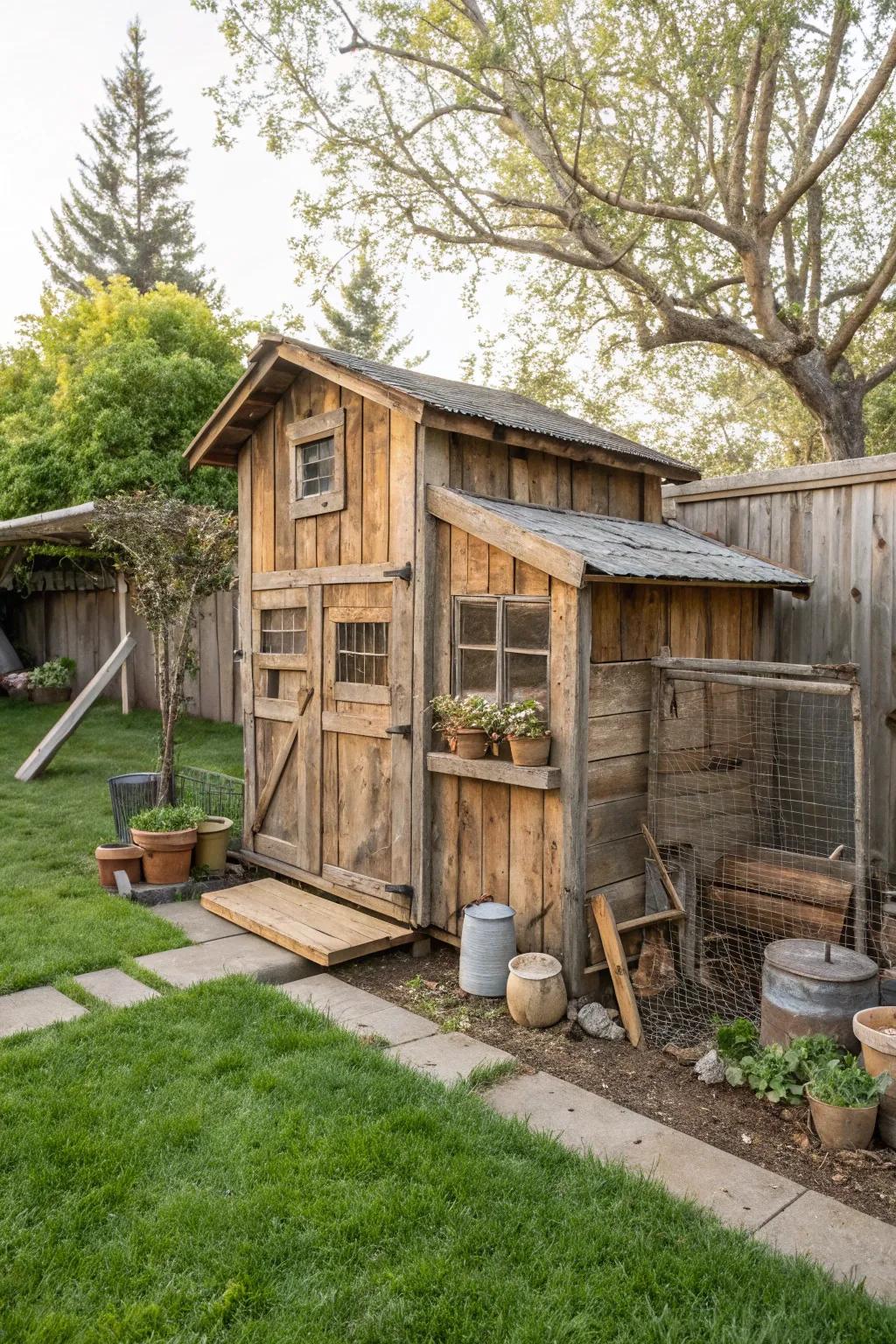 A rustic barn-style chicken coop made of reclaimed wood for a cozy backyard feel.