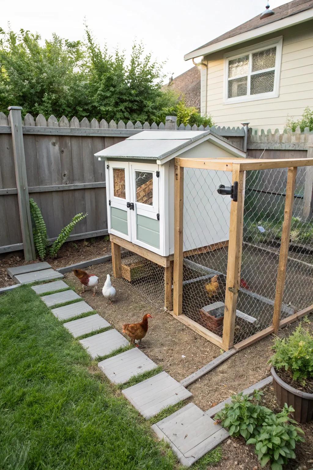 A compact chicken coop that makes the most of a small backyard space.