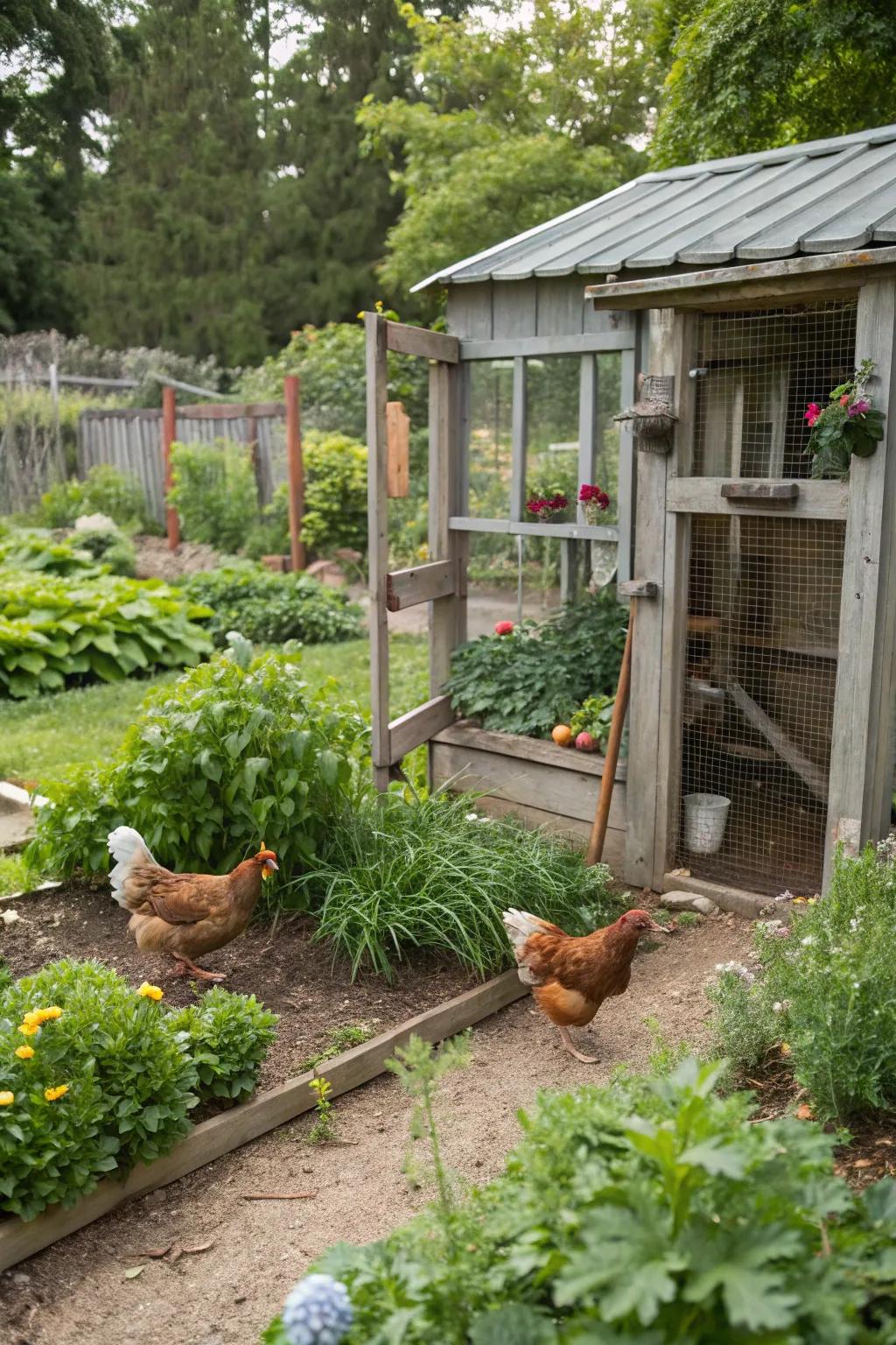 An integrated garden coop combines functionality with beauty.