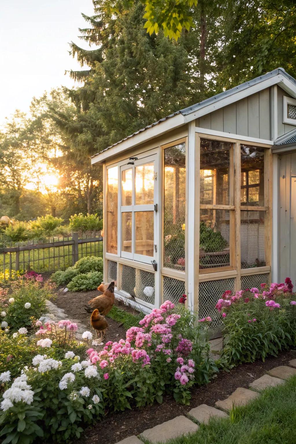 Large windows in a chicken coop offer ample sunlight and ventilation.