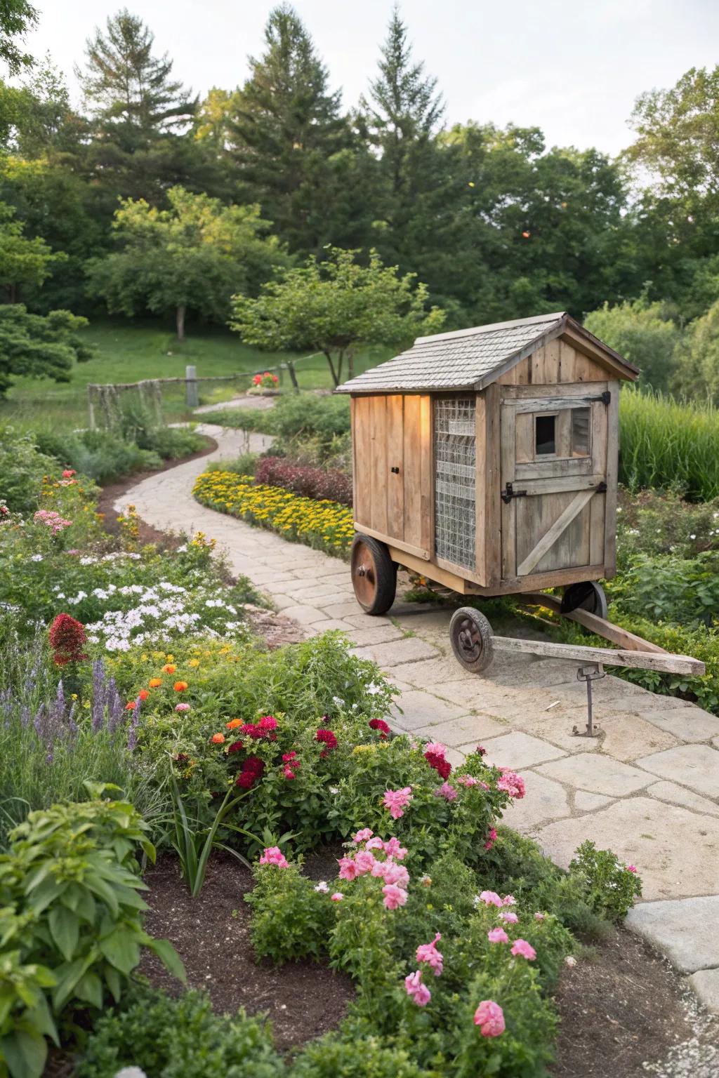 A mobile chicken coop offers flexibility and fresh foraging opportunities.