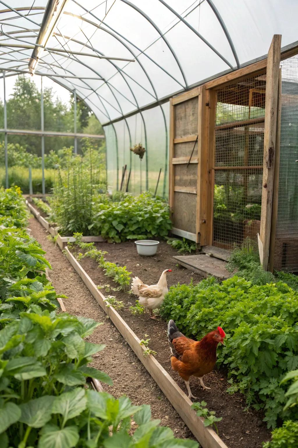 An eco-friendly greenhouse coop keeps chickens warm in winter.