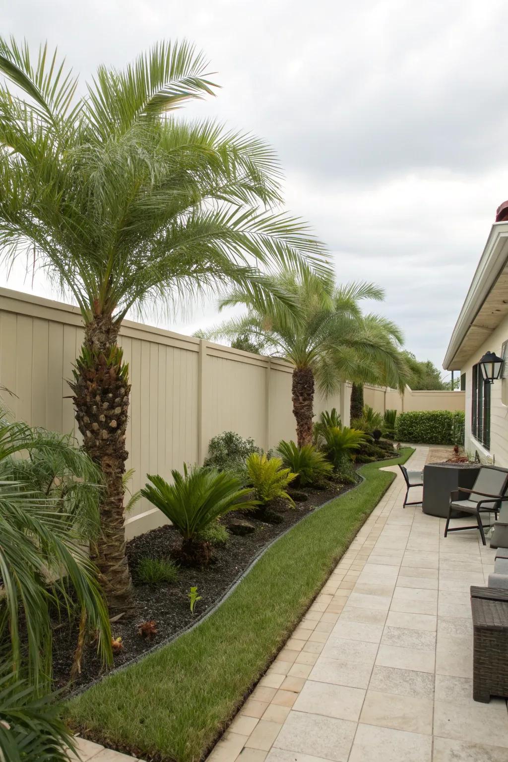 Palm trees provide privacy while maintaining a lush aesthetic.
