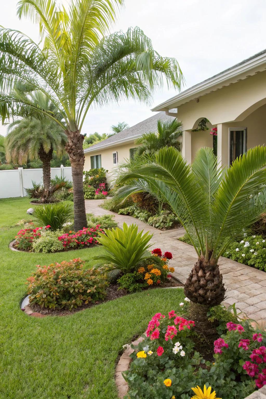 A small garden bursting with tropical vibes using palm trees and vibrant plants.