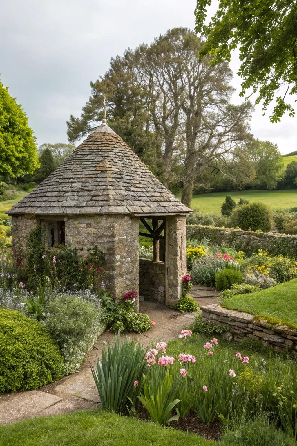 A miniature stone cottage adds a storybook charm to your garden.