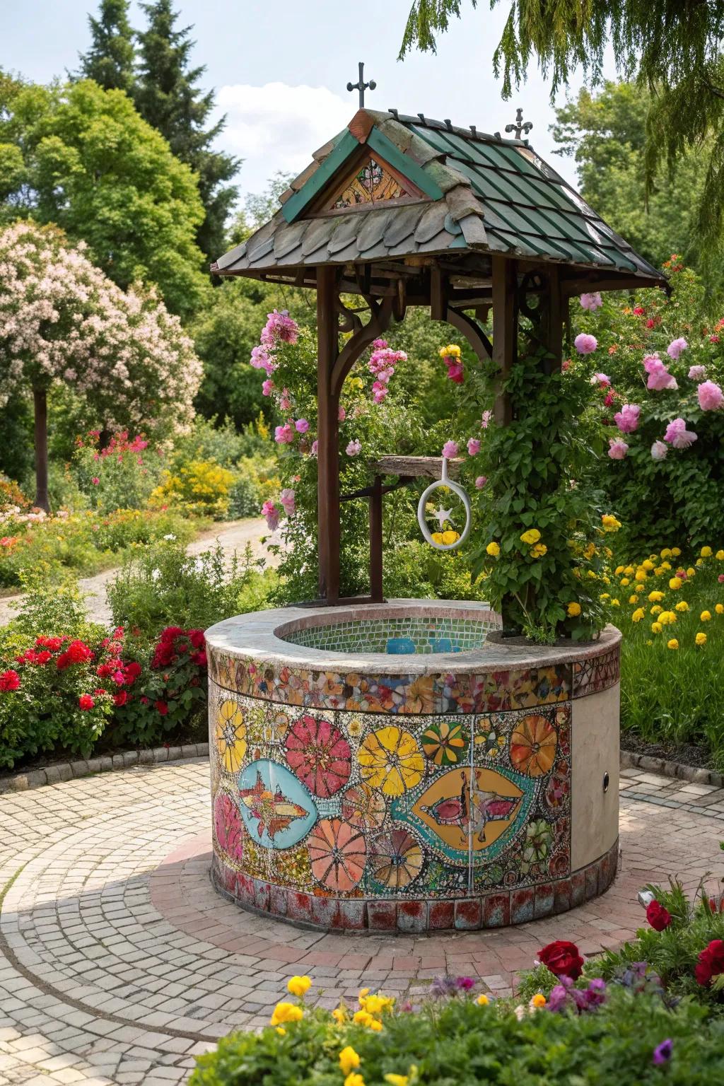 An artistic mosaic cover can add a splash of color and creativity to your garden.