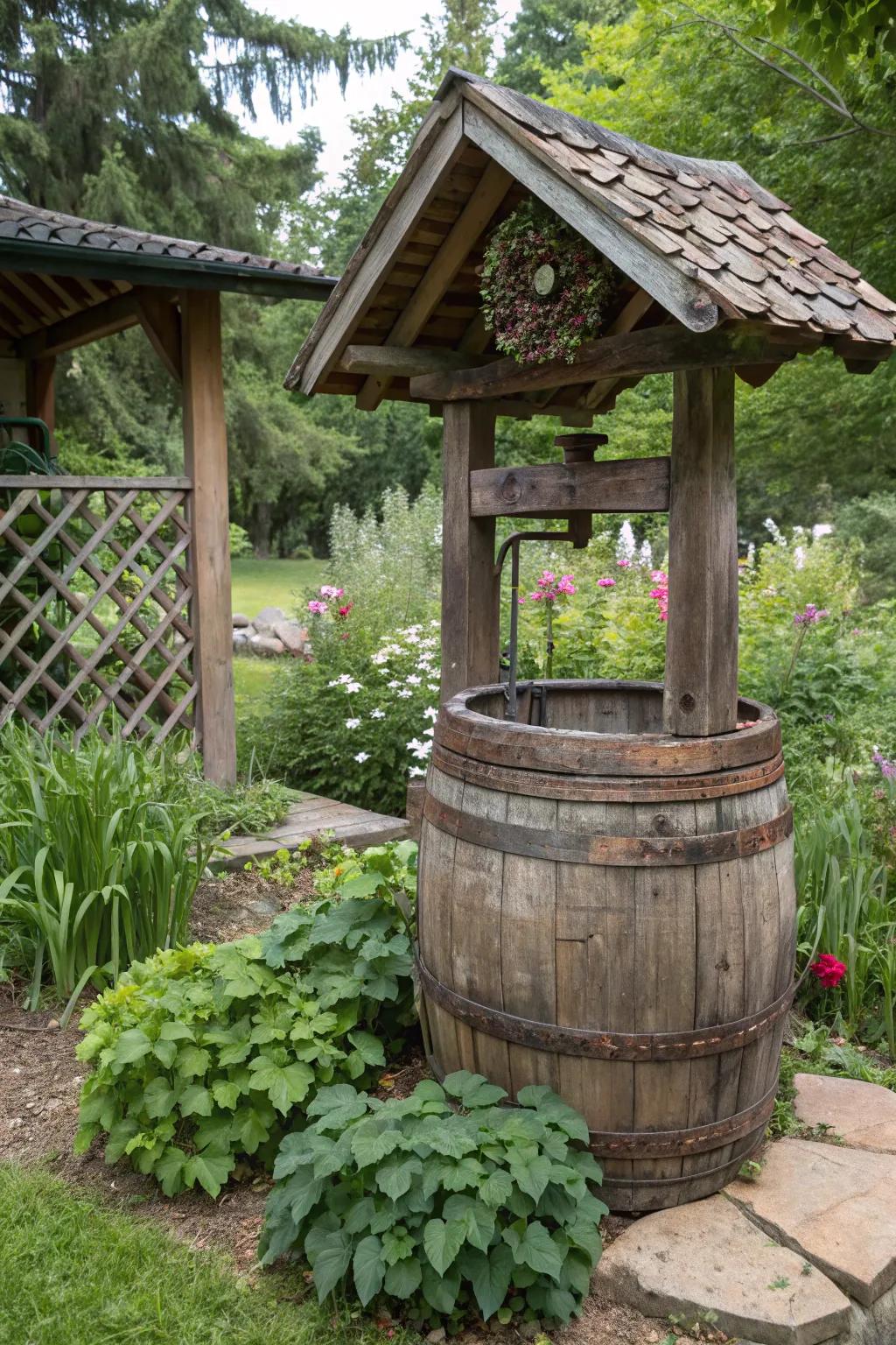 A decorative barrel adds rustic charm and character to your garden.