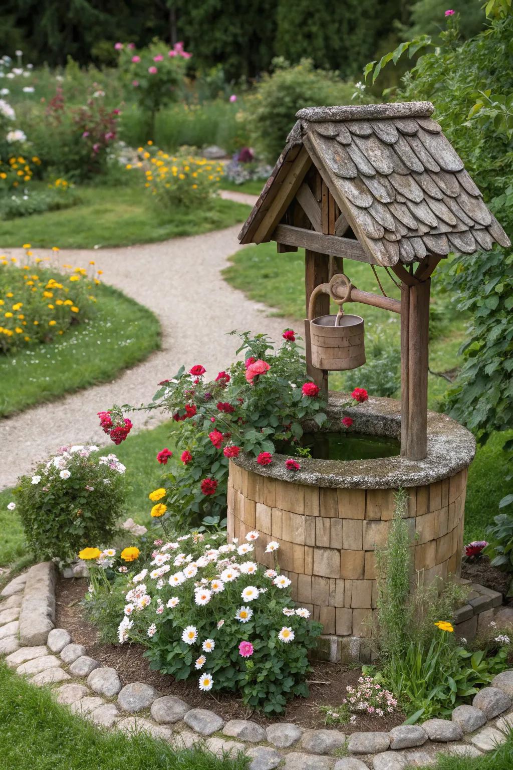 A cottage-style well house brings a quaint and cozy touch to your garden.