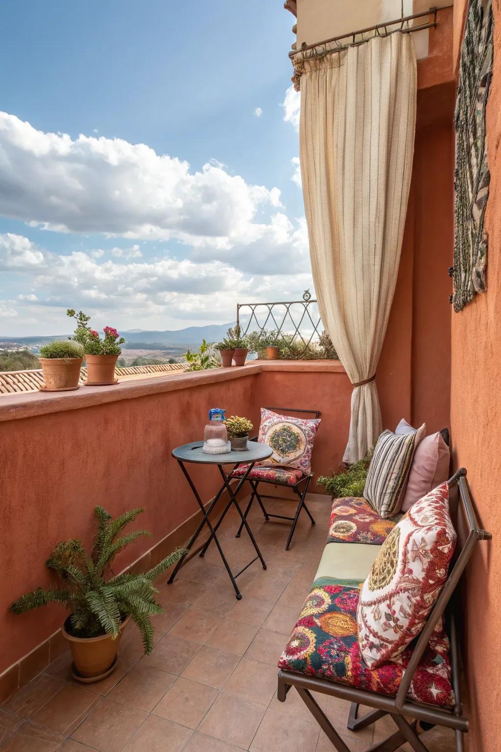 A cozy balcony with terracotta walls and Mediterranean decor.