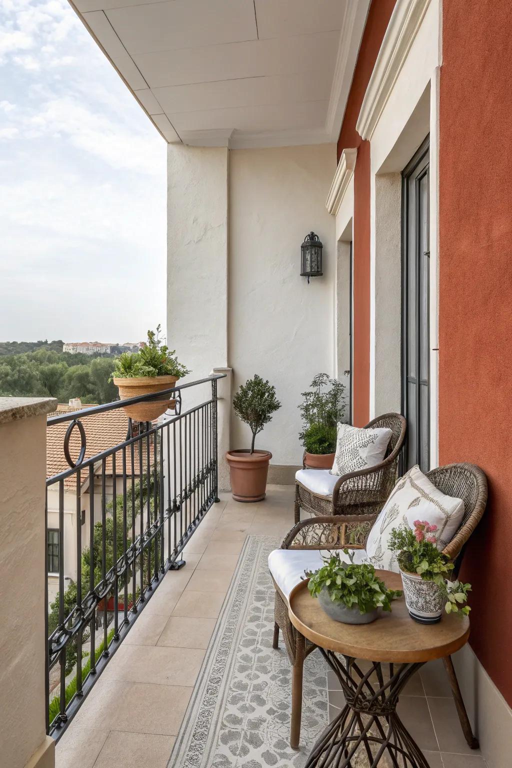 A sophisticated balcony with a two-tone wall design.