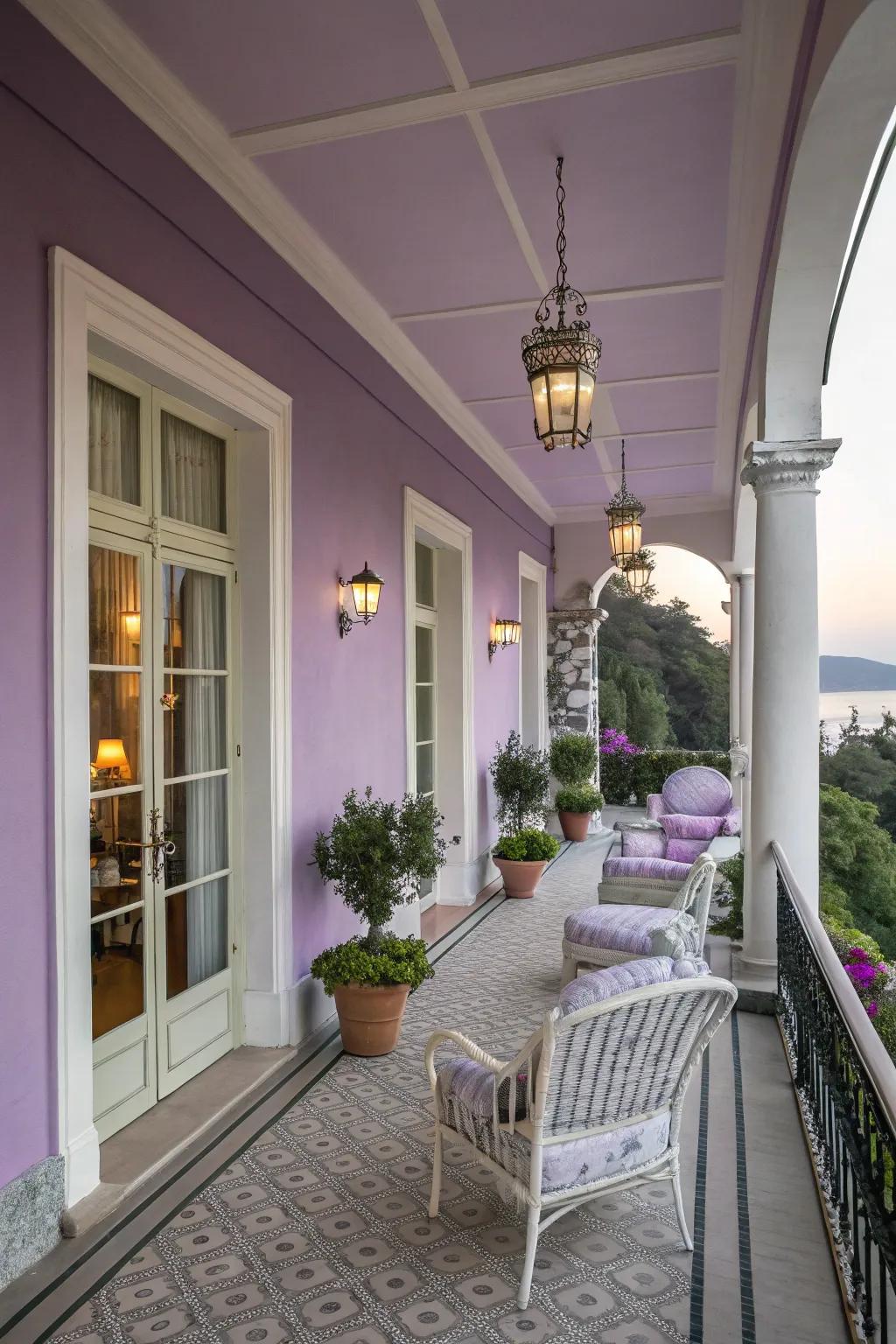 An elegant balcony with lavender walls and serene decor.