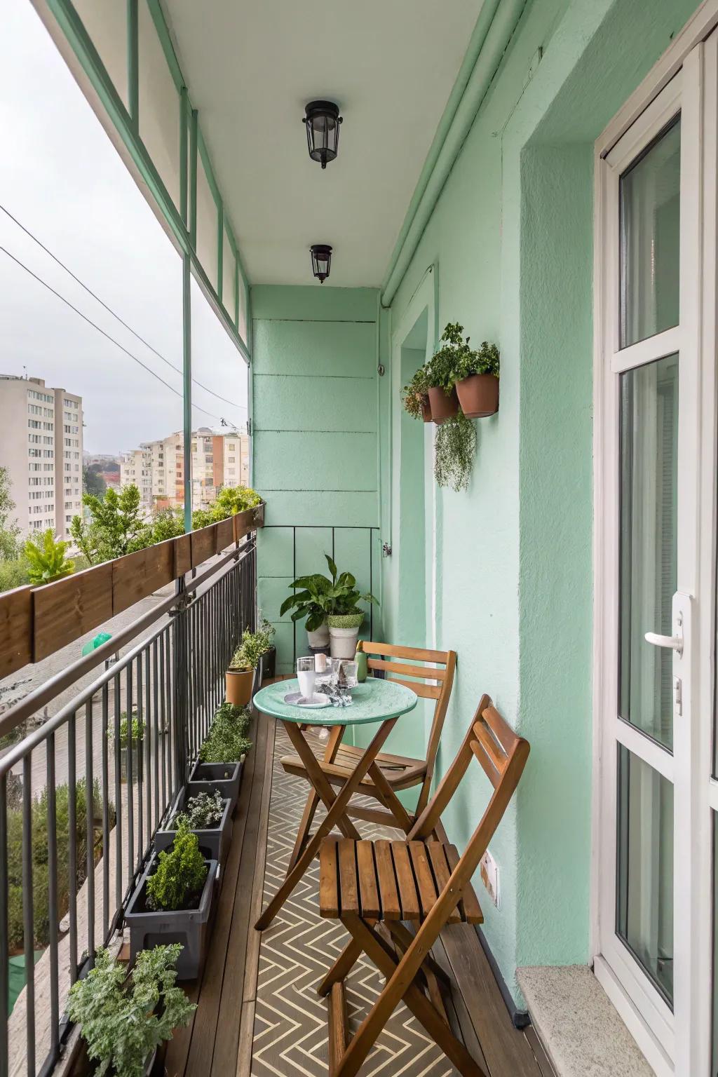 A calming balcony with mint green walls and wooden furniture.