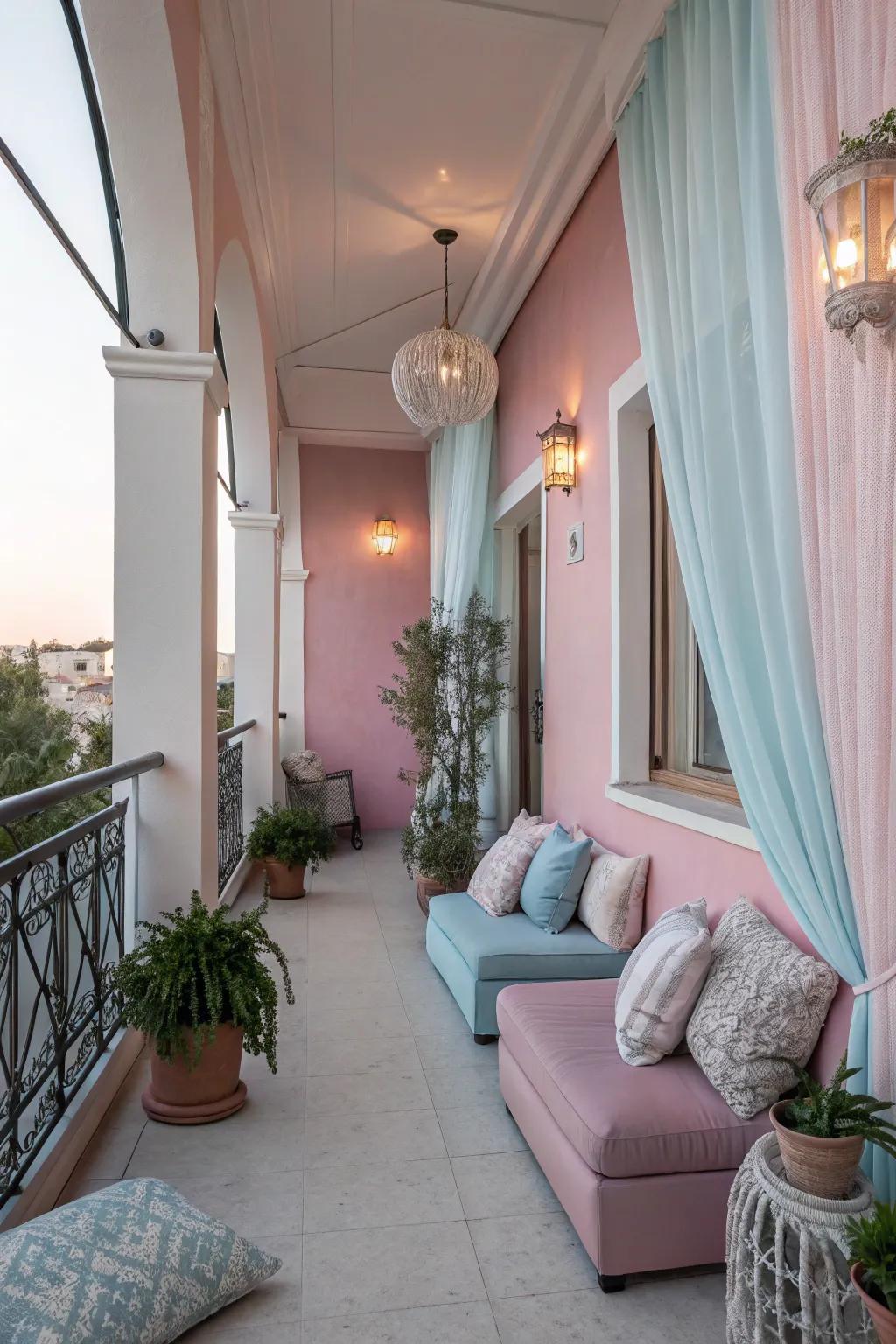 A dreamy balcony with pastel walls and inviting decor.