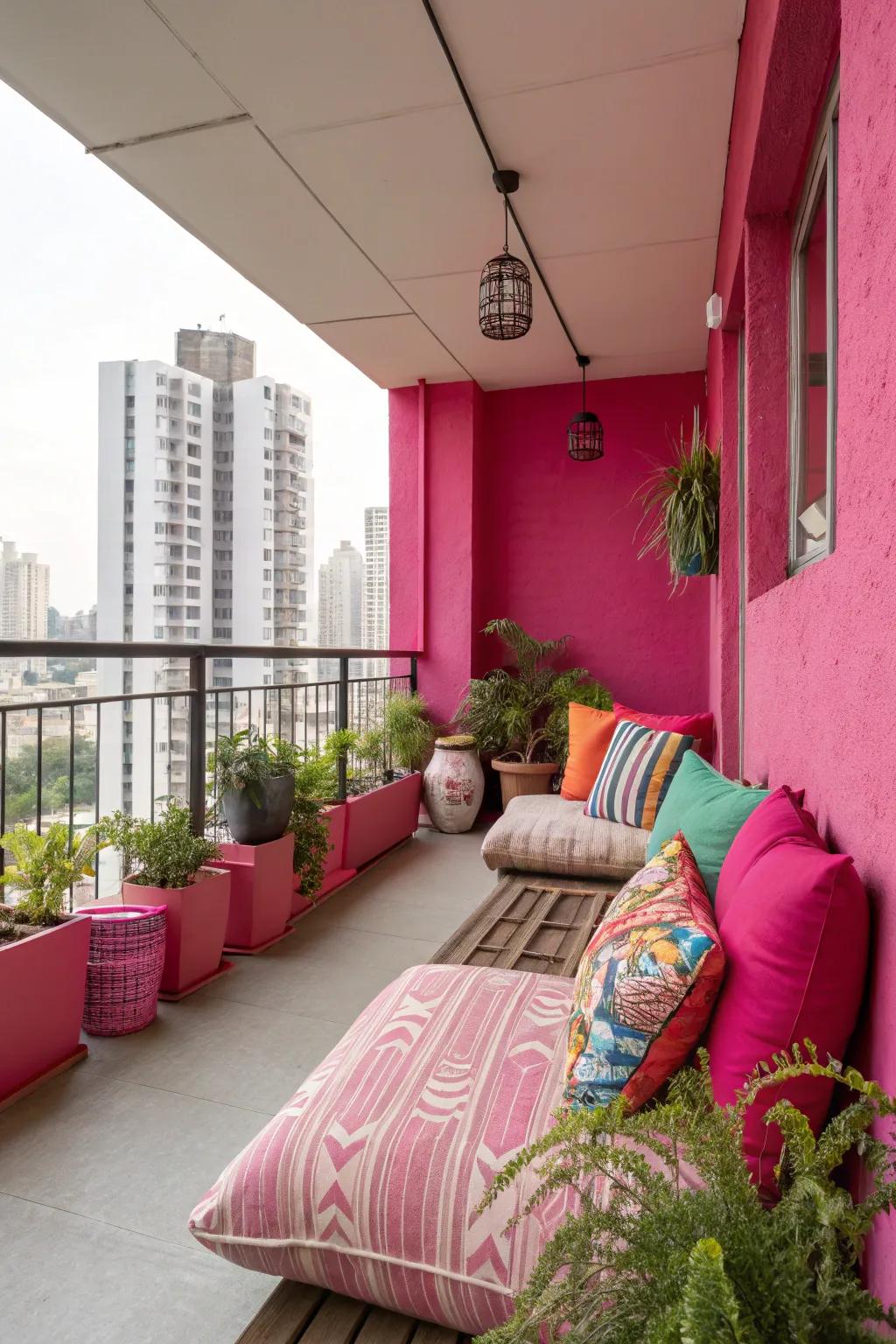 A bold balcony with pink walls and colorful decor.