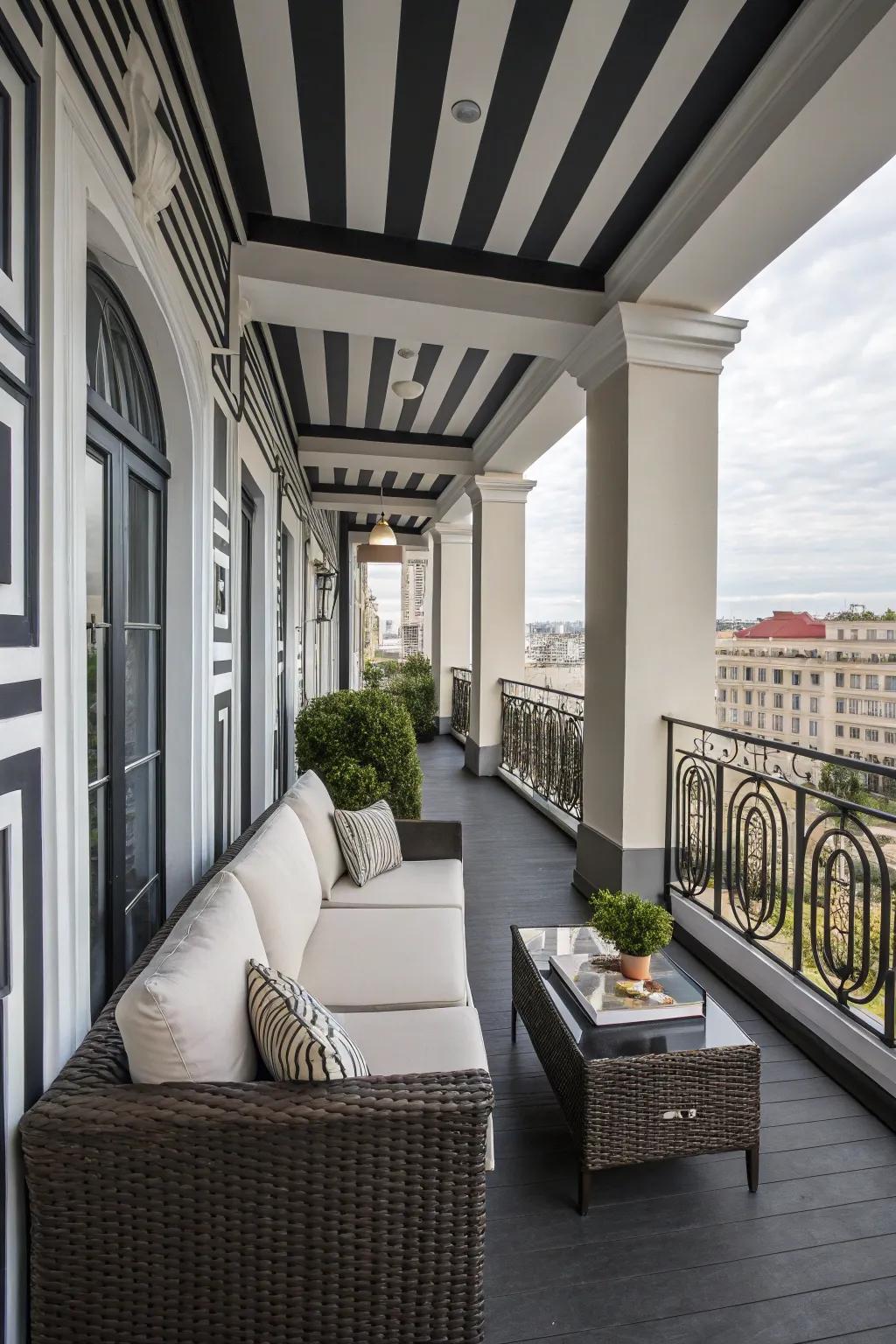 A chic balcony with black and white walls and modern decor.