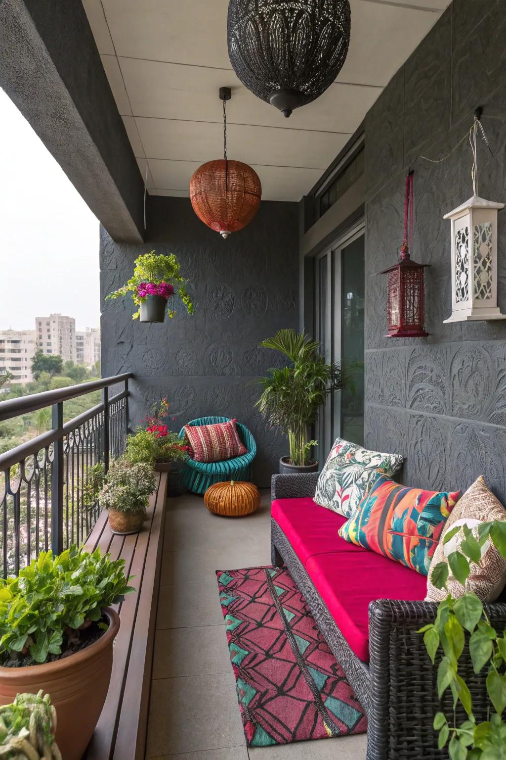 A dramatic balcony with textured charcoal gray walls.