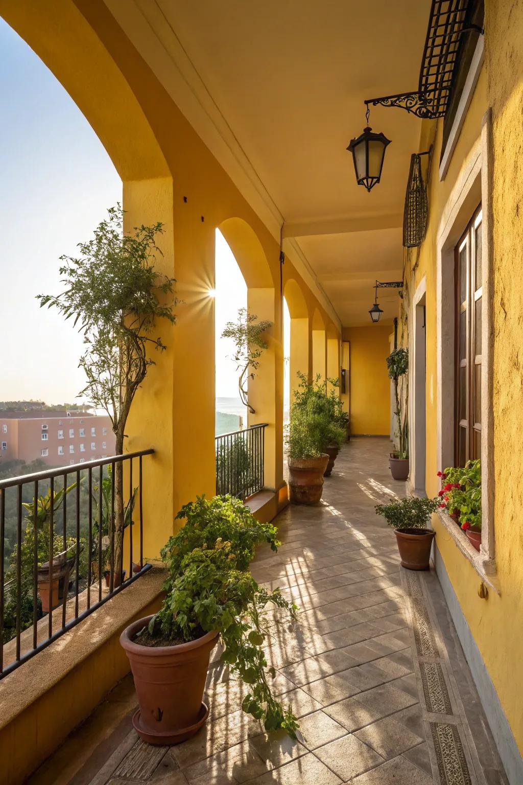 A balcony with sunny yellow walls and morning sunlight creating a cheerful ambiance.