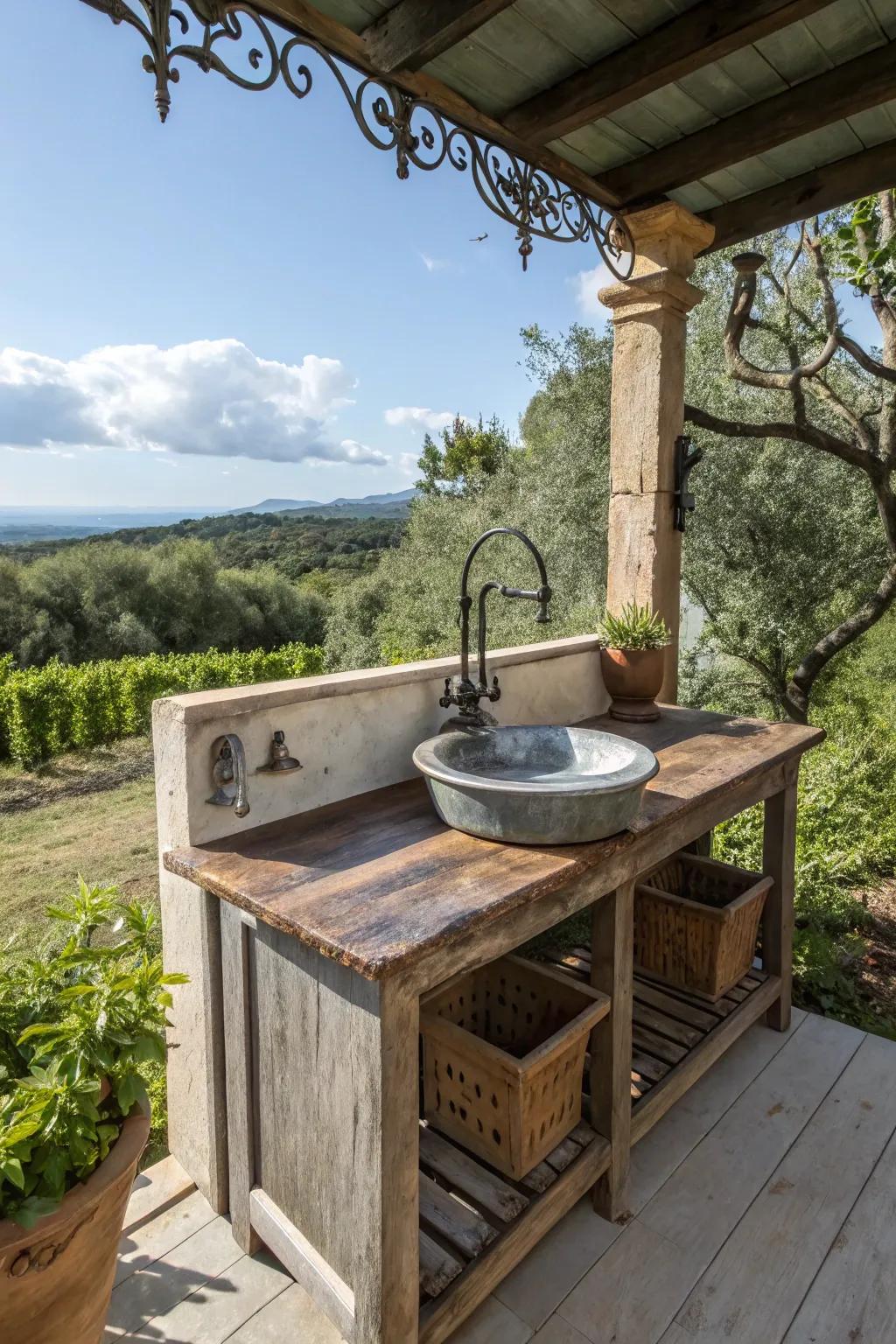A rustic sink station made from reclaimed wood adds charm to any garden.