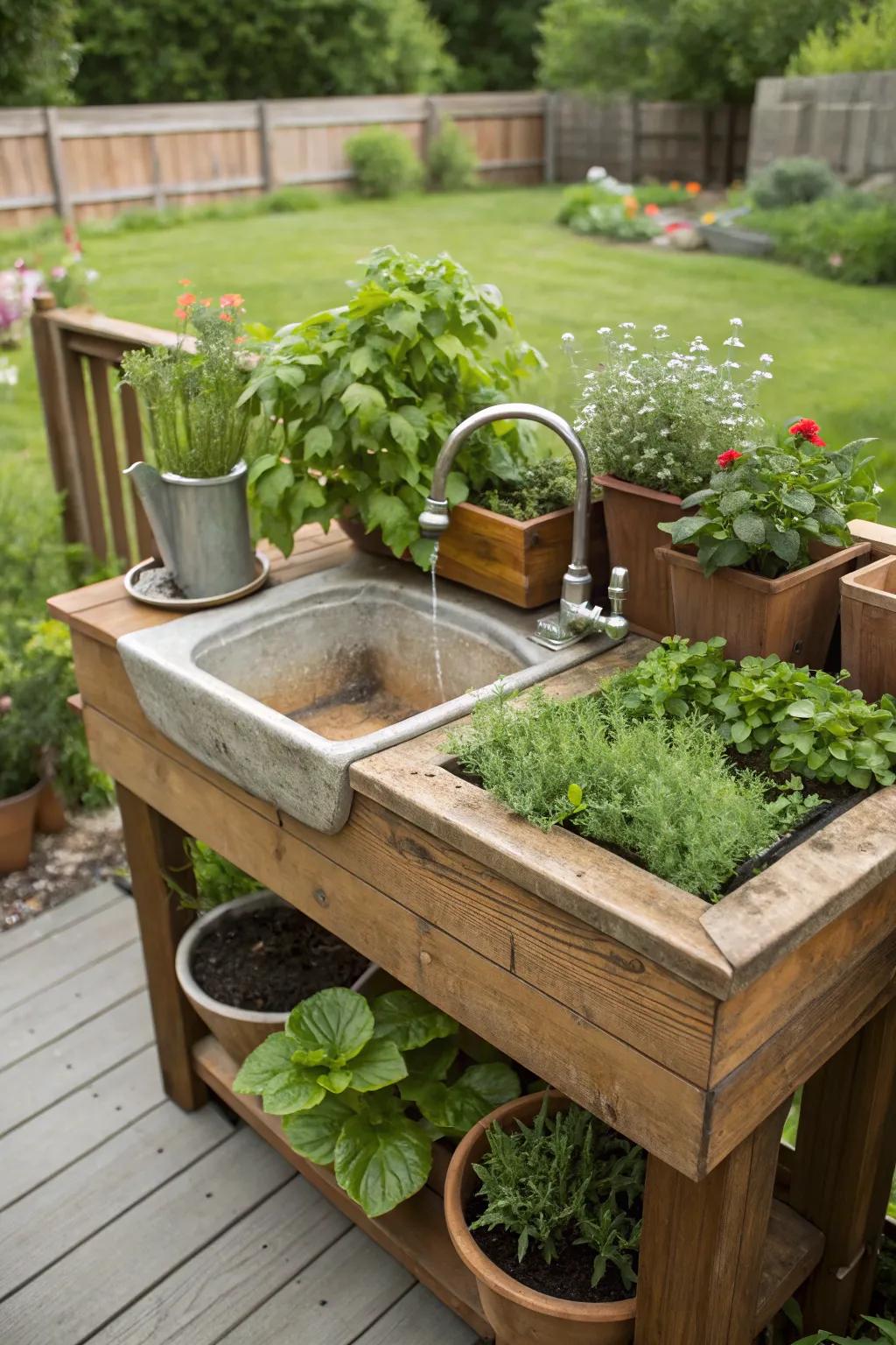 A sink station that brings a touch of greenery with integrated herb pots.