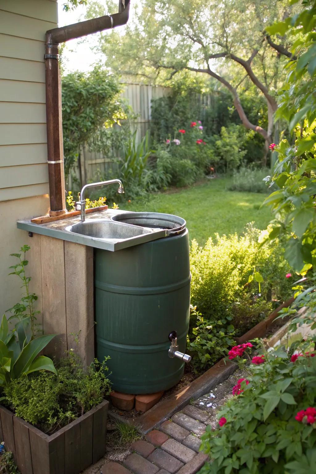 An eco-friendly sink station using rainwater for sustainable living.