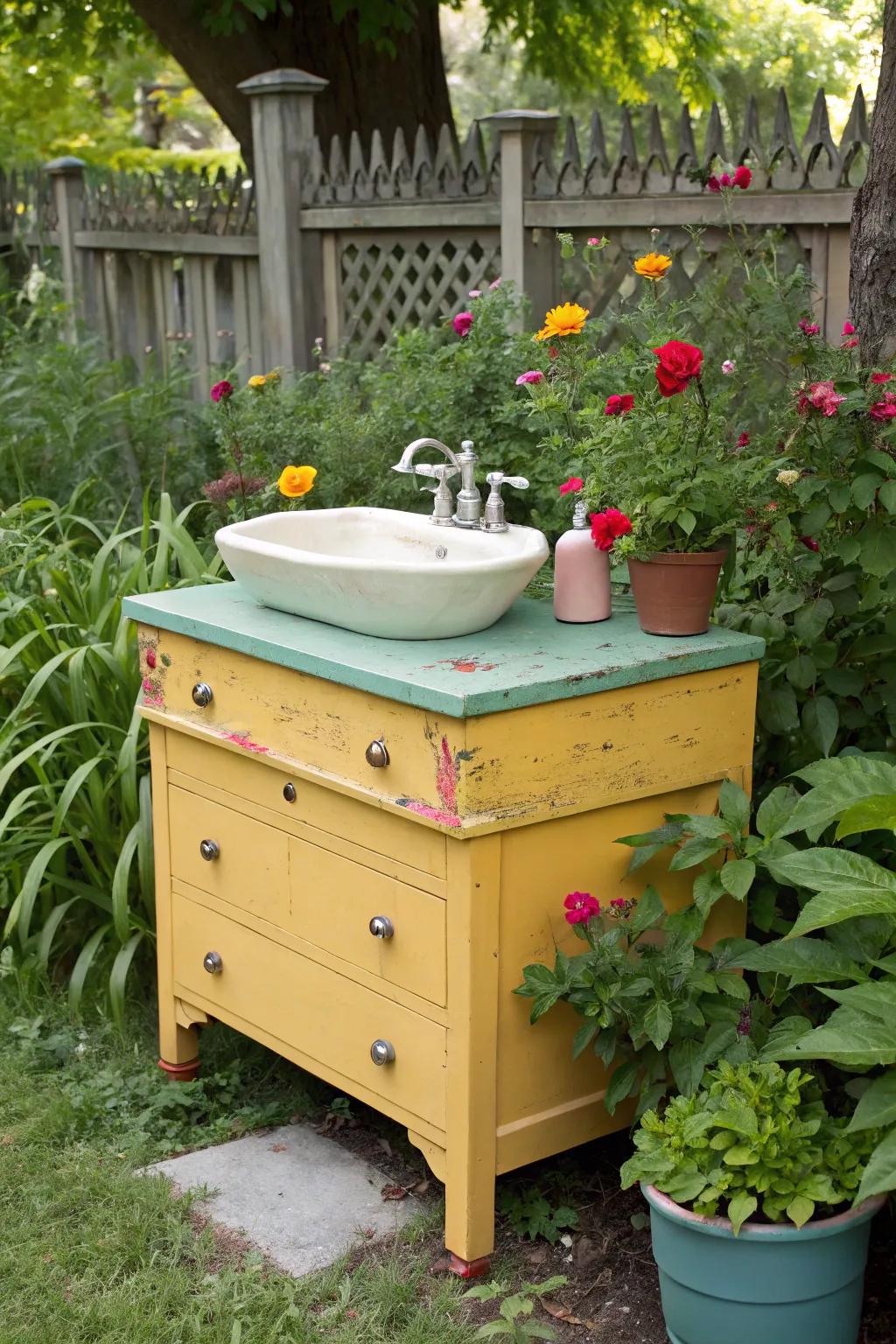 An upcycled dresser transformed into a vibrant and functional outdoor sink.