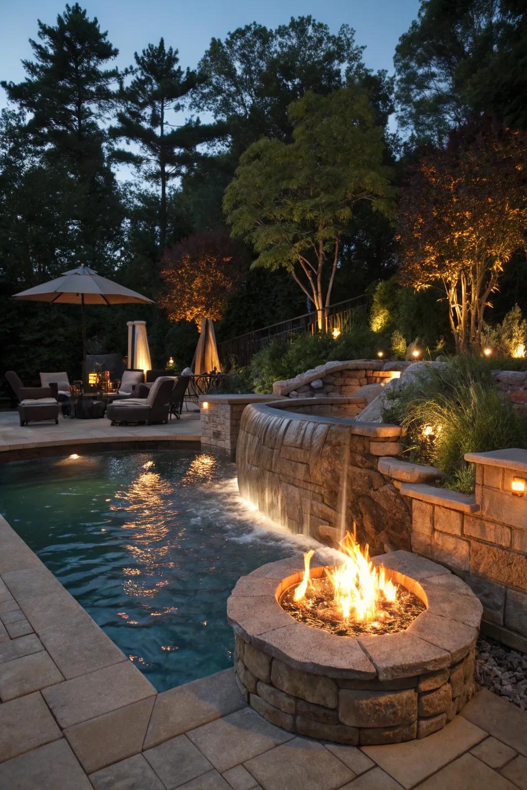 Combine fire and water for a dramatic and cozy poolside experience.