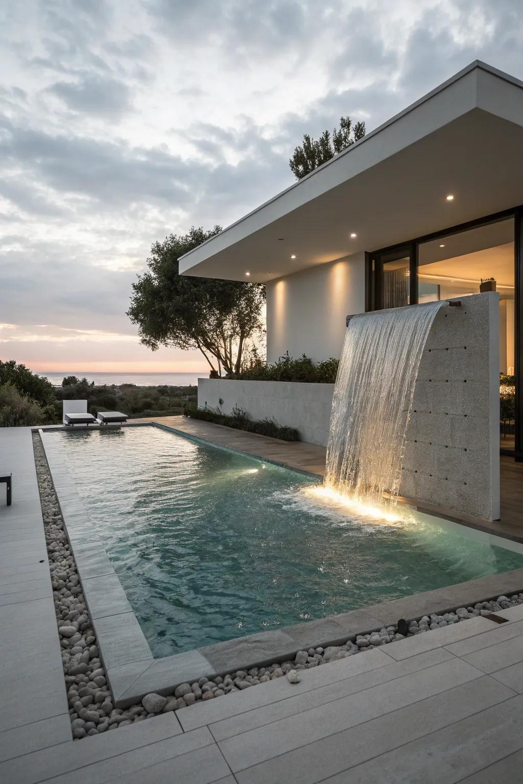Sheer descent waterfalls add a sleek modern touch to your pool.