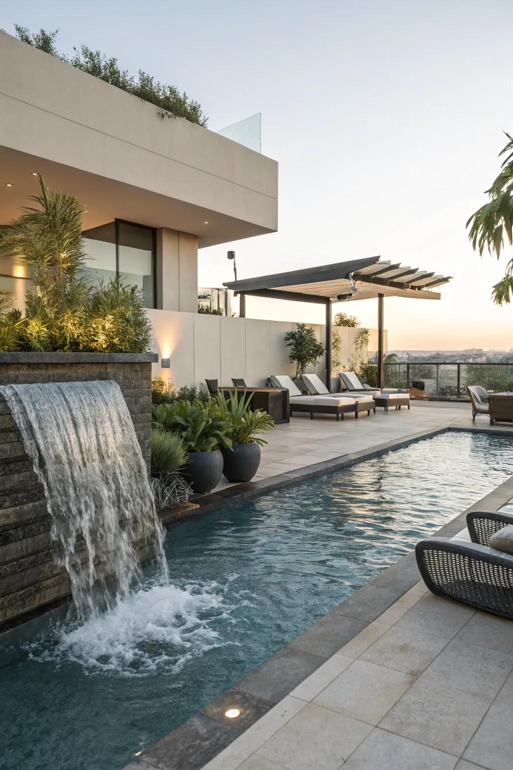 A poolside lounge offers relaxation alongside the soothing sound of water.