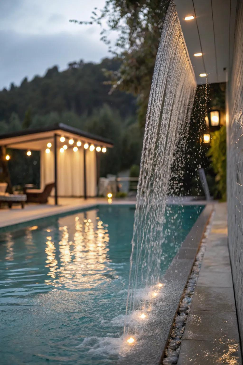 Rain curtains create an enchanting and ethereal poolside experience.